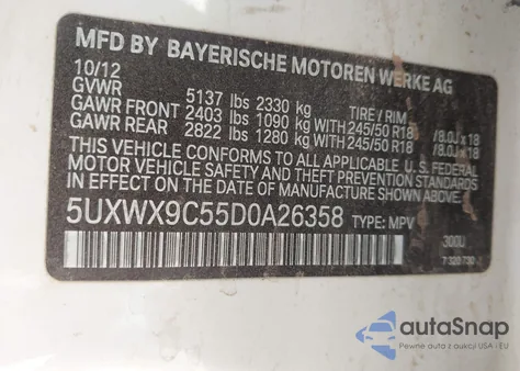 2013 BMW X3 xDrive28I из США, поврежденный, VIN 5UXWX9C55D0A26358